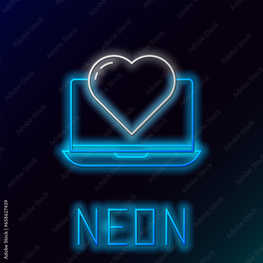 Wall mural glowing neon line laptop with heart icon isolated on black background. valentines day. colorful outl