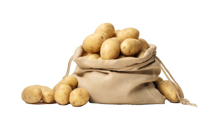 Potatoes in a burlap bag isolated on a white background.