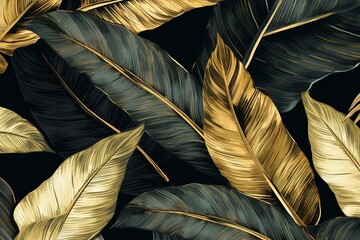 Hand-drawn vintage tropical pattern with grunge golden banana leaves and palm. Nature abstract background design for luxurious wallpapers, cloth, and fabric printing. Generative AI