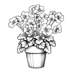 Black and white line drawing of a potted plant with flowers in full bloom.,A Potted Plant in Bloom,Nature's Sketch: A Potted Plant in Bloom