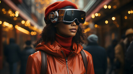 Black scin woman is wearing a VR on the street	

