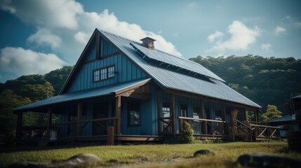 Modern house with solar panels. New suburban house with photovoltaic system on roof. Eco friendly passive house with landscaped yard.