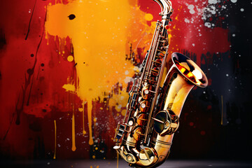 saxophone musical instrument with paint spots background - obrazy, fototapety, plakaty