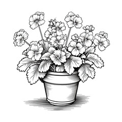 Black and white line drawing of a potted plant with flowers in full bloom.,A Potted Plant in Bloom,Nature's Sketch: A Potted Plant in Bloom