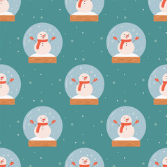 Seamless snow globe pattern with snowman and polar bear.