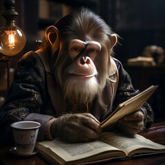 A primate is reading a book