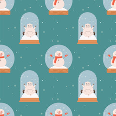 Seamless snow globe pattern with snowman and polar bear.