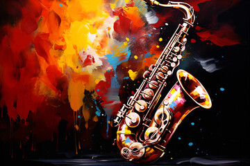 saxophone musical instrument with paint spots background - obrazy, fototapety, plakaty