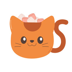 A cocoa and marshmallow mug in the shape of a cat. Cosy drink.