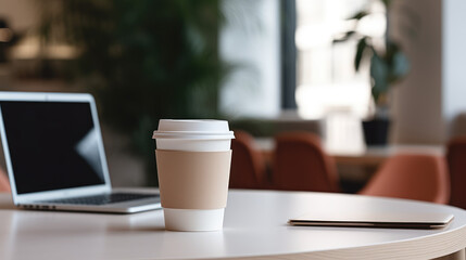 Coffee mug mockup on table with laptop