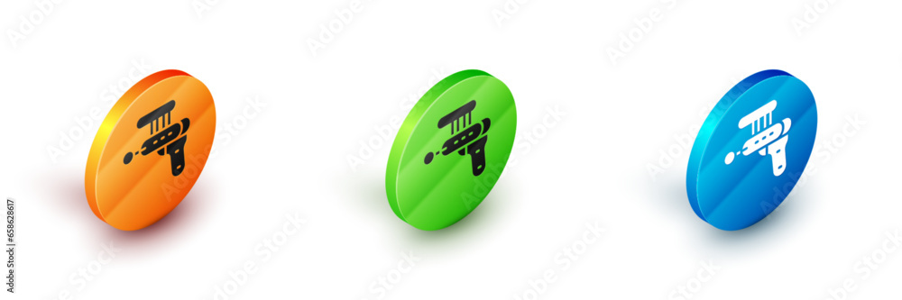 Poster Isometric Ray gun icon isolated on white background. Laser weapon. Space blaster. Circle button. Vector