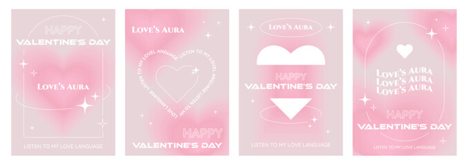 Happy Valentine's Day poster set in trendy y2k aesthetic, covers, vertical banners, flyers with blurred hearts and black thin frames, vector illustration.