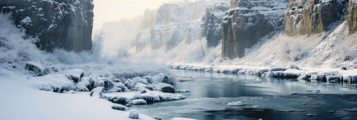 River through snowy rocks on cold winter morning