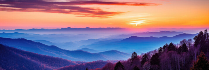 Forest mountain landscape at vibrant sunset