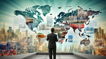 Man in suit before world map for World News