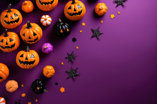 Halloween pumpkins on purple background, top view. Space for text