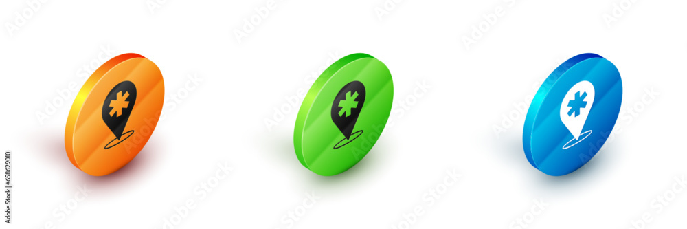 Poster isometric medical map pointer with cross hospital icon isolated on white background. circle button. 