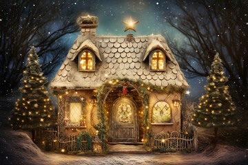 A small fairy tale cottage in a winter snow covered forest, Christmas background with woodland house made by gnomes and trolls
