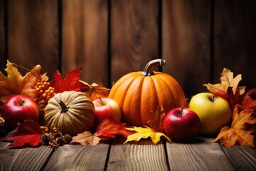 Thanksgiving background: pumpkins, apples and leaves on a wooden background.