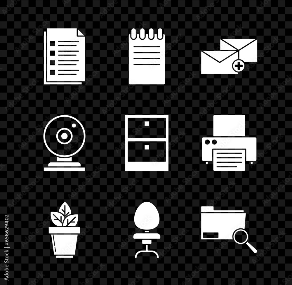 Poster set file document, notebook, envelope, flowers in pot, office chair, search concept with folder, web