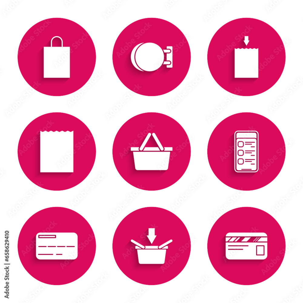 Sticker set shopping basket, credit card, online shopping on mobile phone, paper bag, and icon. vector