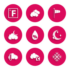 Fototapeta premium Set Water drop percentage, Celsius and cloud, Snowflake, Moon stars, Thermometer, Cloud with moon, Cone meteorology windsock wind vane and Fahrenheit icon. Vector