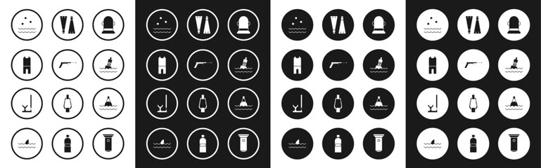 Set Buoy, Fishing harpoon, Wetsuit for scuba diving, Cold and waves, Floating buoy the sea, Rubber flippers swimming, and Snorkel icon. Vector © Oksana