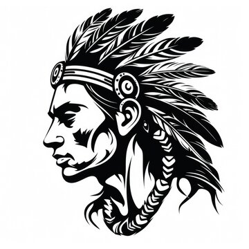 Indian man wearing feather decoration logo, black and white, AI generated Image