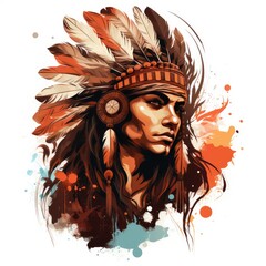Vector graphic style of Indian man wearing feather decoration, AI generated Image