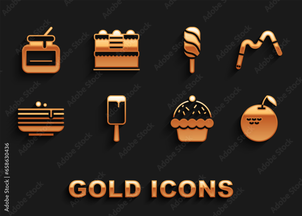 Poster Set Ice cream, Jelly worms candy, Apple, Cupcake, Stack of pancakes, Jar honey and Cake icon. Vector