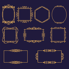 Set of elegant vintage gold frames with border ornament. Vintage decorative elements design. Luxury Labels and badges, calligraphic swirls, flourishes ornate vignettes. Vector illustration