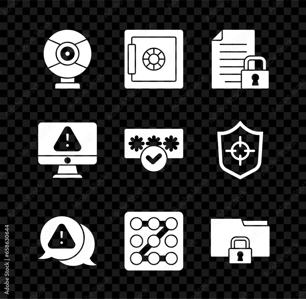 Poster set security camera, safe, document and lock, exclamation mark in triangle, graphic password protect
