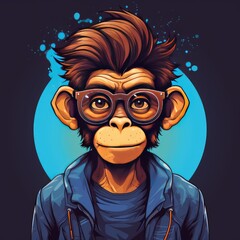 Vector graphic style of nerd monkey, AI generated Image