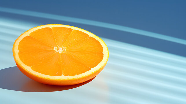 Close up ripe half cut fresh Orange fruit on minimalist blue vibrant background