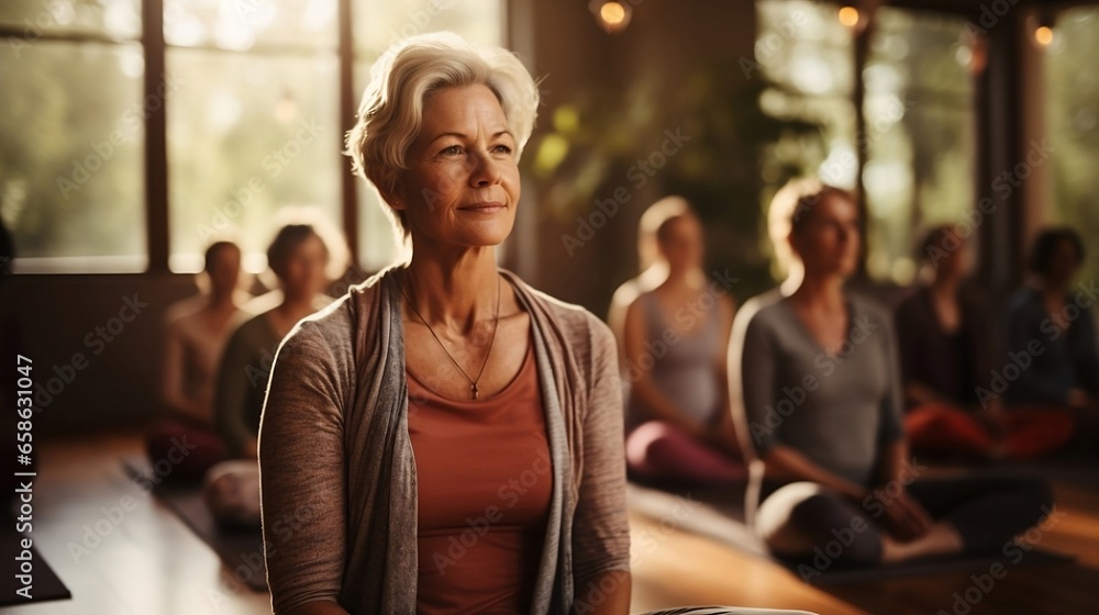 Wall mural mature women in sportswear exercising lotus pose together during group yoga class.