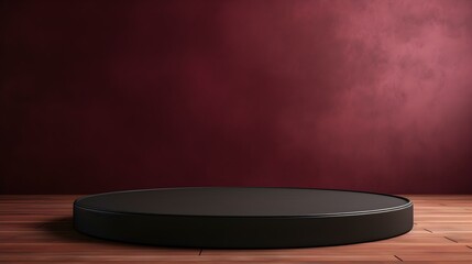 Round Stone Podium in front of a burgundy Studio Background. Black Pedestal for Product Presentation