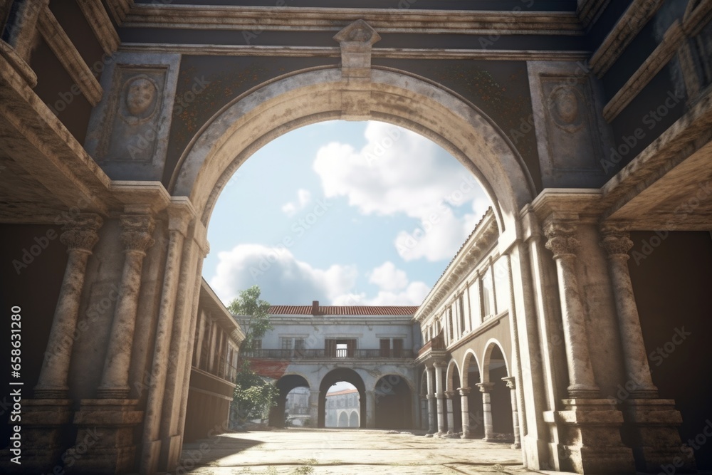 Poster a large archway in a building against a beautiful sky background. perfect for architectural designs 