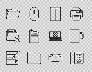 Set line Blank notebook and pen, Telephone, Envelope, Document folder, File document binder clip, Scotch and Coffee cup icon. Vector