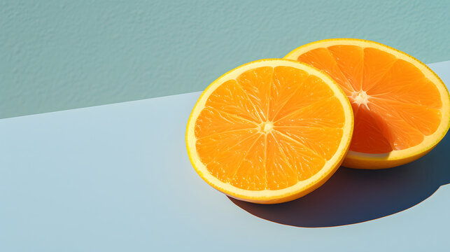 Close up ripe half cut fresh Orange fruit on minimalist blue vibrant background