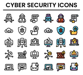 Cyber Security line icon collection. Containing outline and color icons like Data Protection, Virus, Firewall, Hacker, Server, Digital, Computer, Safety, Network, Code, Crime. Editable icons set.