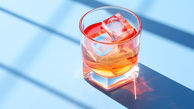 Close up red mocktail glass with ice cubes on a minimalist vibrant blue background