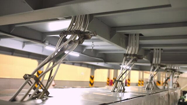 Conveyor line with the production of aluminum cans. Production of aluminum cans for drinks. Plant of high-tech equipment for the food industry.