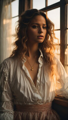 Fototapeta premium blonde girl standing by the window at sunset