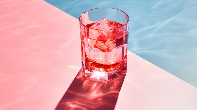 Close up red mocktail glass with ice cubes on a minimalist pink table
