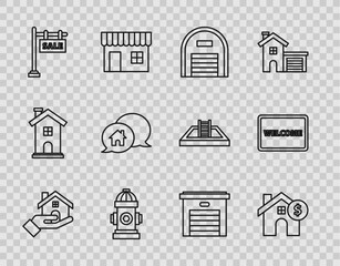 Set line Realtor, House with dollar symbol, Warehouse, Fire hydrant, Hanging sign text Sale, building speech bubble, Garage and Doormat the Welcome icon. Vector