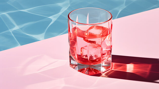 Close up red mocktail glass with ice cubes on a minimalist pink table