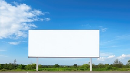 Large empty white billboard stands at roadside, set against backdrop of blue sky. Copy space banner background for advertising.