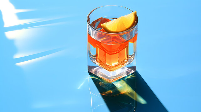 Close up red mocktail glass with ice cubes and slices orange fruit garnish on a minimalist vibrant blue background