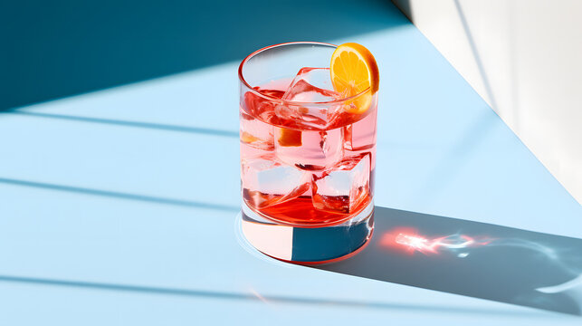 Close up red mocktail glass with ice cubes and slices orange fruit garnish on a minimalist vibrant blue background