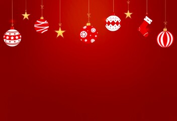 Christmas balls and Christmas ornaments hanging on red background, Christmas and New Year Decoration